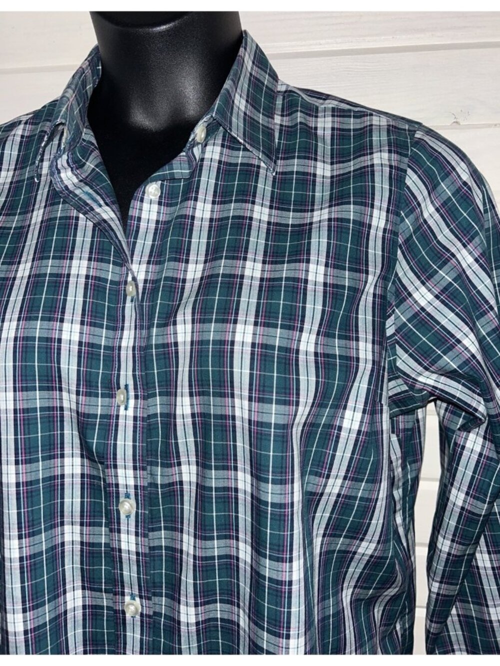 Lands End Sz 16P PETITES No Iron Pinpoint Oxford Blouse Shirt Green Plaid EUC